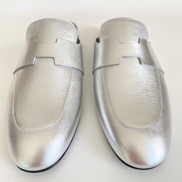 HERMES H CATENA SILVER LEATHER MULES FLIP FLOPS SHOES FLAT SLIDES 35.5 - Picture 12 of 16